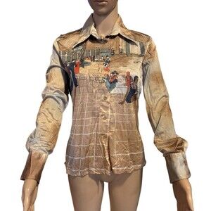 Vintage Nik Nik Button Shirt Disco Unisex Adult Deco Scene Theme Print 70s RARE